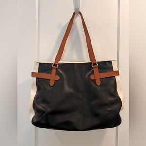 TALBOTS Black White Brown Leather Medium Handbag Satchel Tote